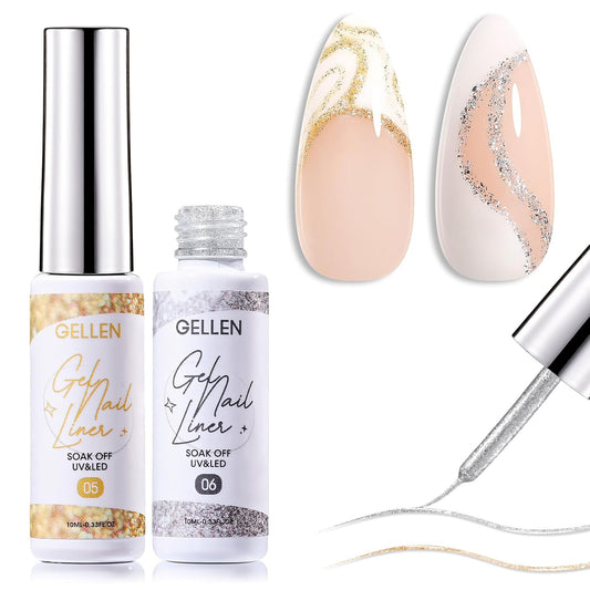 GELLEN Gold Silver Liner Gel Nail Polish, 2Pcs 10ml Soak off Uv Lamp Glitter Nail Art Polish Set with Built Thin Brush, Gel Art Paint for Sparkly Shiny Swirl Nails, Christmas Diy Gift for Women Girls-BrightBean Baby