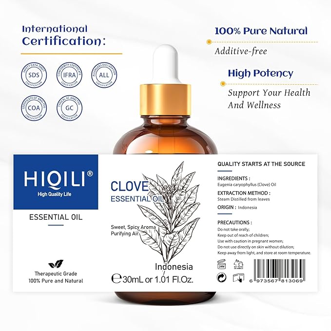 HIQILI 1 Fl Oz Clove Oil for Teeth and Gums, Oral Care, DIY Clean Spray, Aromatherapy, 100% Pure Natural Premium - 30ml-BrightBean Baby