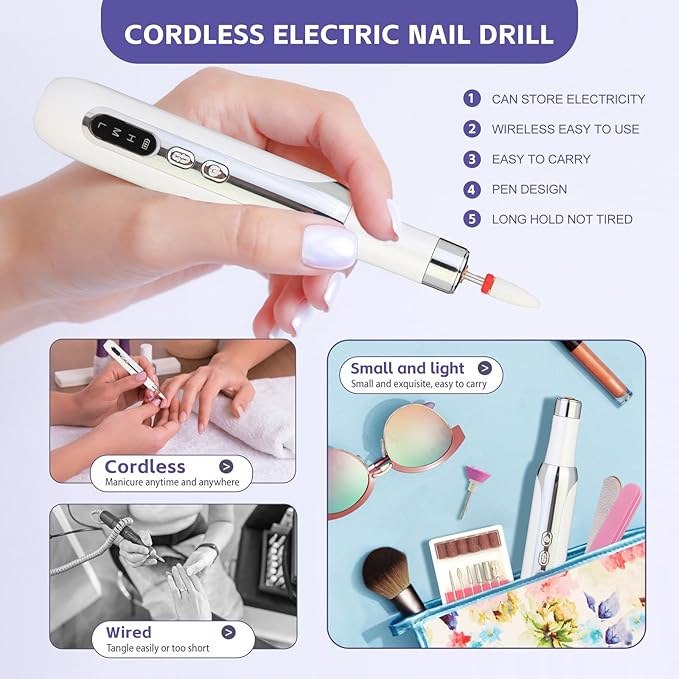 Electric Nail Drill File Cordless,Portable Rechargeable Nail File Kit for Acrylic & Gel Nails,Professional Efile for Manicure Pedicure Polishing,with 12 Nail Drill Bits 31 Sanding Bands,White-BrightBean Baby