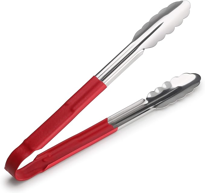 New Star Foodservice 35773 12-Inch Utility Spring Tongs, Stainless Steel, Vinyl Coated, Set of 12, Red