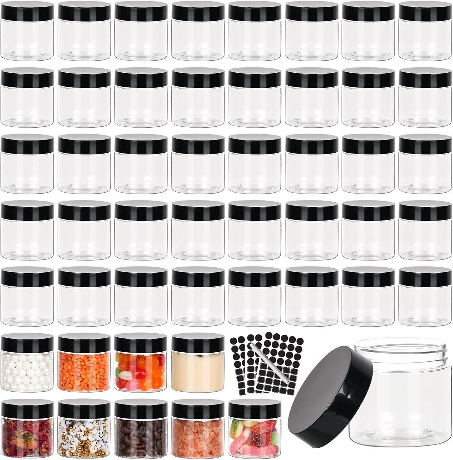 50pcs 2 oz Clear Plastic Round Jars with Black Lids, 2oz 60ml Leak-Proof Wide-Mouth Cosmetic Storage Containers for Kitchen Use, Beauty Products, Cream, Scrubs, Bath Salt and More-BrightBean Baby