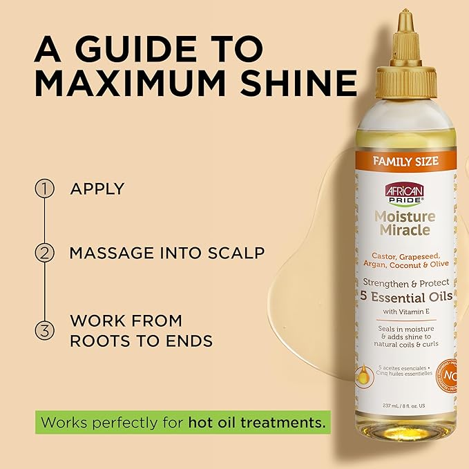 African Pride Moisture Miracle 5 Essential Hair Oils with Vitamin E (3 Pack) | Moisture, Shine, Protection, and Growth | Argan, Castor, Grapeseed, Coconut, and Olive Oil | 8 oz-BrightBean Baby