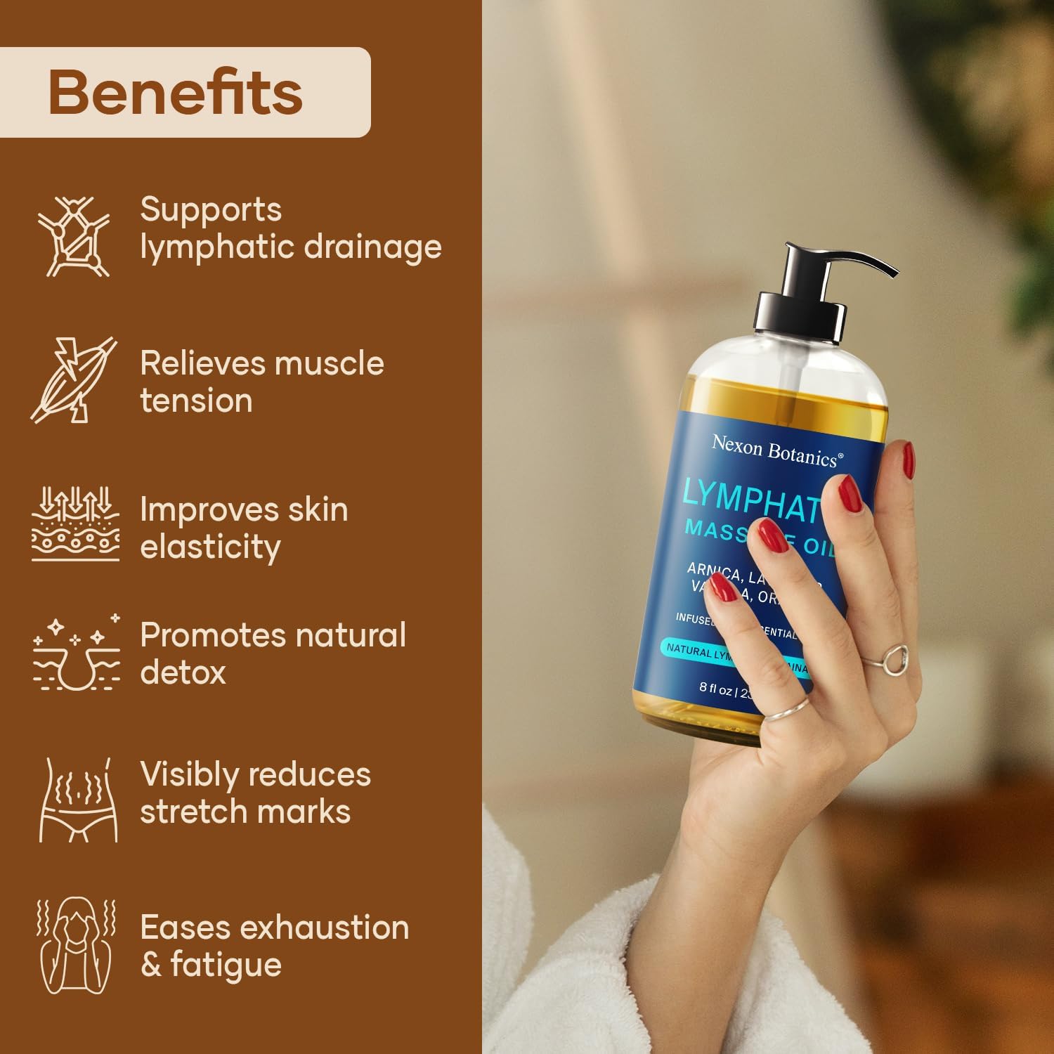 Lymphatic Drainage Massage Oil for Massage Therapy 8 fl oz - Refreshing and Relaxing - Natural Oils with Arnica, Vanilla and Lavender Oil - for Men and Women - Nexon Botanics-BrightBean Baby