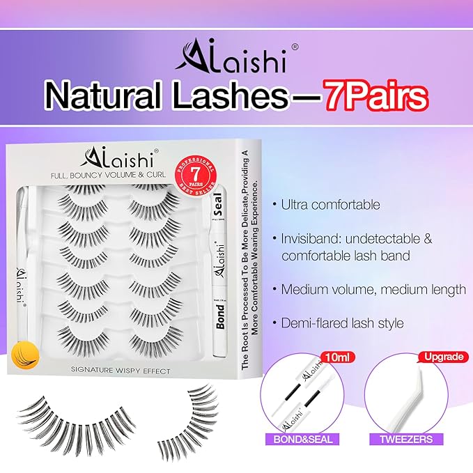 Wispy False Eyelashes Kit With Bond, Seal and Tweezer, 7 Pairs Natural Look Fake Cat Eye Lashes Strips Thin Band Extensions Waterproof Easy Eyelashes for Beginners DF99#-BrightBean Baby