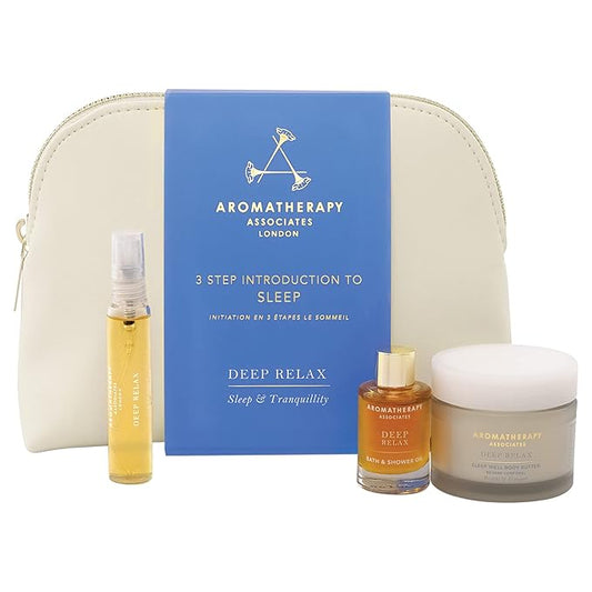 Aromatherapy Associates 3 Step Introduction to Sleep. Luxurious Gift Set Includes Deep Relax Bath and Shower Oil, Sleep Mist and Body Butter in a Vegan Leather Travel Bag (1 count)-BrightBean Baby