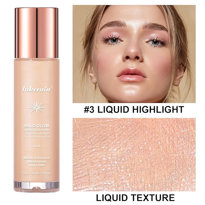 Natural Glow Liquid Filter Makeup, Longwear Face Luminizer, Complexion Booster For Any Part of the Body, Liquid Highlighter with Brush Kit, Infused Hyaluronic Acid, 1.06 fl oz (#03 LIGHT/MEDIUM)-BrightBean Baby