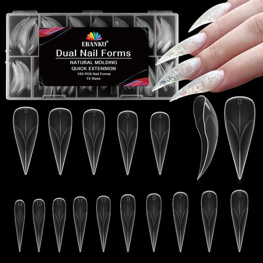 EBANKU Dual Nail Forms for Poly Extension Gel, 150 PCS Clear Eagle Claw Nail Molds Reusable 15 Sizes Hawk Curve Nail Extension Forms for Builder Gel Manicure Design Salon DIY-BrightBean Baby