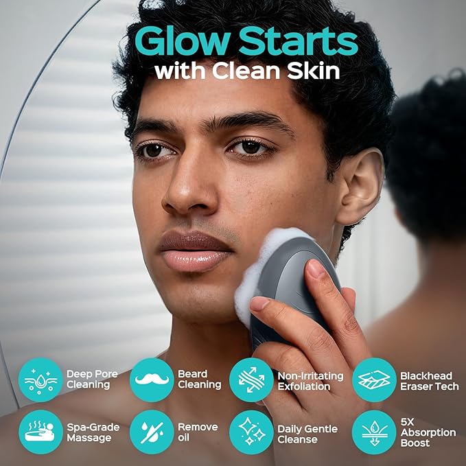 COSLUS Silicone Face Scrubber for Men: 5 Cleansing Modes Facial Cleansing Brush for Beard Care, Sensitive Skin - Deep Cleansing & Gentle Exfoliating, Waterproof Portable for Shower & Travel, Grey-BrightBean Baby