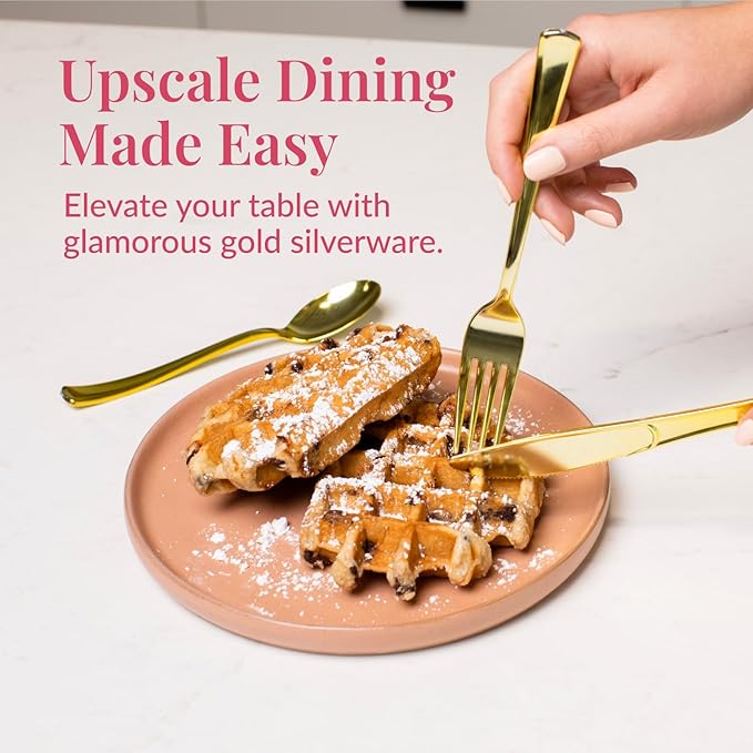 Prestee 300 ct Gold Plastic Silverware Set - Heavy Duty Disposable Cutlery - 100 Forks, 100 Spoons, 100 Knives - Elegant Gold Finish Utensils for Weddings, Parties, Holidays