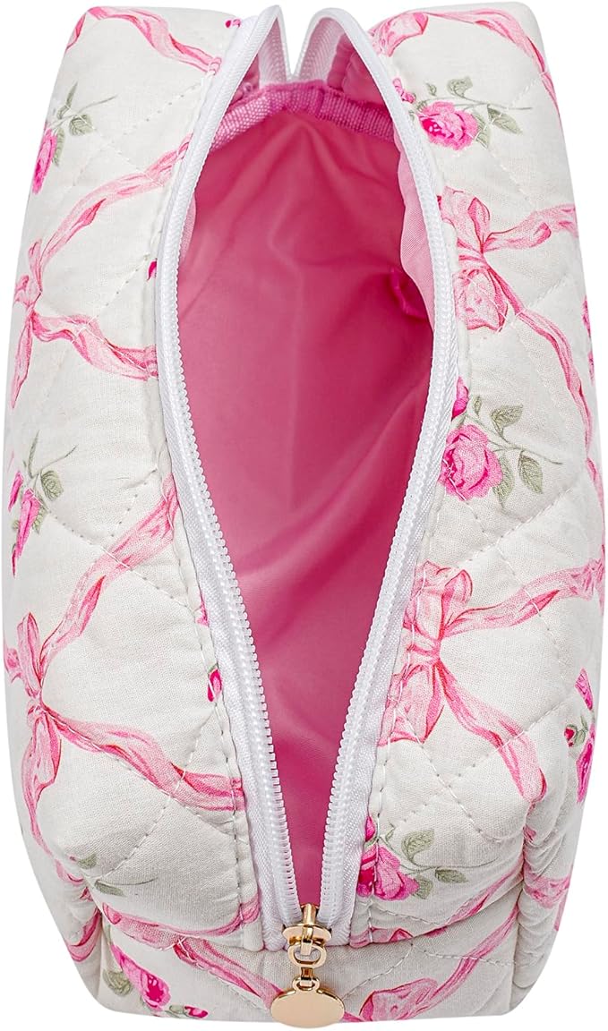 Makeup Bag Travel Cosmetic Bag for Women Girls, Zipper Make Up Pouch, Floral Flowers Toiletry Organizer Makeup, Portable Storage Bag, Cosmetic Travel Cloth Bag (2 Pack (L+S)/Pink Bowknot)-BrightBean Baby