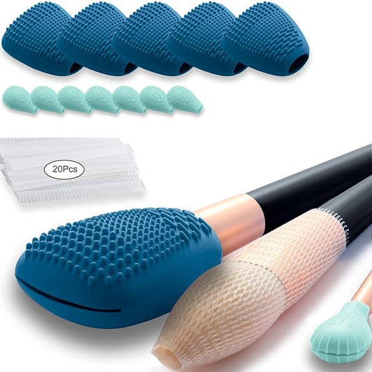 Silicone Travel Make-up Brush Holder with Cleaner Mat Pad, Organizer Case Covers for Foundation Eye Lip Brushes Storage Cleaning, Gift for Women Girl-friend Mother Wife, 5-Pcs Large + 7 Small, Blue-BrightBean Baby