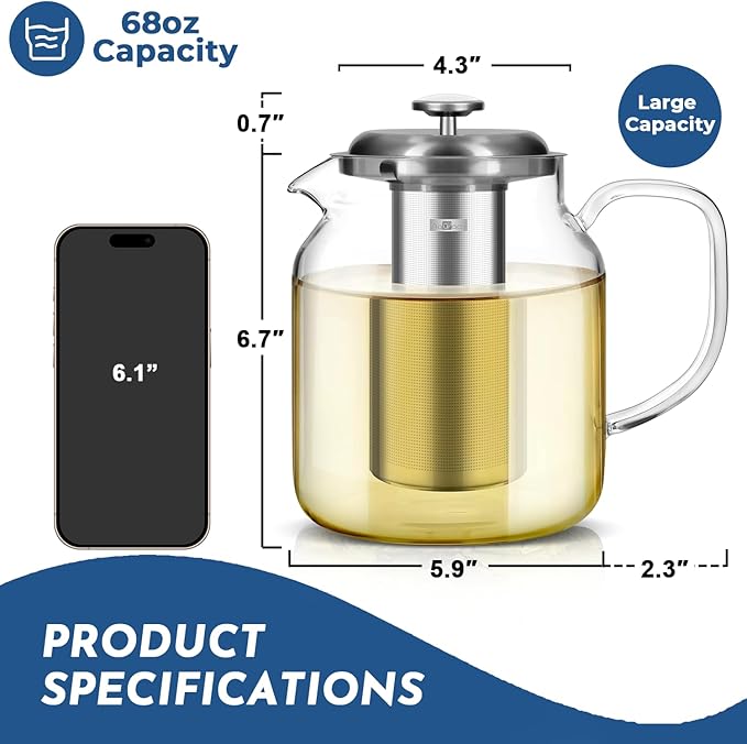 Aquach 68oz Glass Teapot with Built-in Thermometer, Stovetop & Dishwasher Safe, Borosilicate Carafe and Stainless Steel Removable Infuser