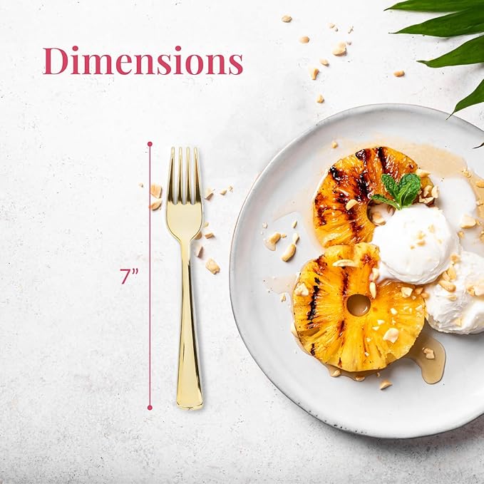 Prestee Set of 300 Gold Plastic Forks Disposable - 7-in Heavy-Duty Fork Flatware - Bulk Pack Fancy Silverware - Sturdy Elegant Cutlery for Weddings, Birthday Parties, Buffets, Catering, and Events