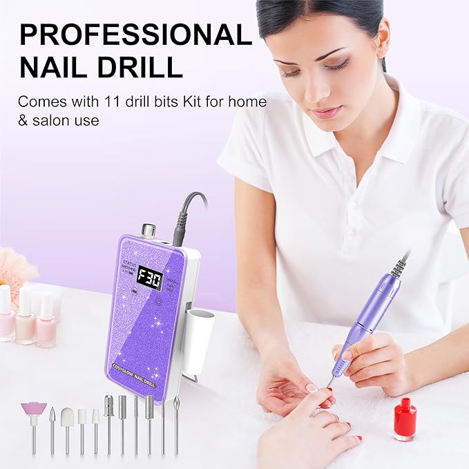 Professional Electric Nail Drill File:COSYGLOW Glitter Portable Cordless E-File Nail Drill Kit with 11 Drill Bits,30000 RPM Rechargeable Nail Drills Machine for Acrylic Nails Gel Polishing(Purple)-BrightBean Baby