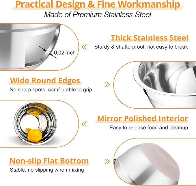 TeamFar Mixing Bowls, 5PCS Stainless Steel Serving Salad Bowls with Lids, For Kitchen Mixing/Baking/Storing/Prepping, Visible & Airtight, Non-Slip Bottom - 4.6/3.5/1.5/1 / 0.7 QT, Khaki