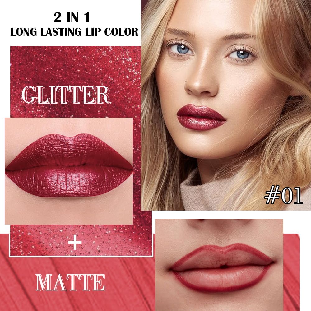 Kaely 2-in-1 Dark Red Metallic Lipstick and Lip Liner, Shimmer Liquid Metallic Lipsticks for Women, Glitter Lip Gloss Stain Long Lasting Waterproof Smudge Proof 24 Hour, Vegan Makeup, 01-BrightBean Baby
