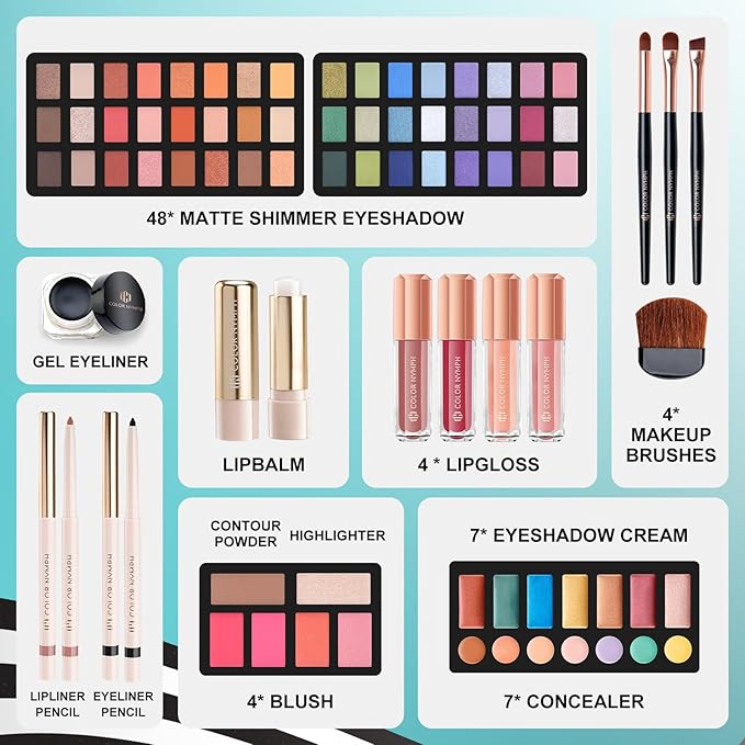 Color Nymph All In One Makeup Kit Comestics Gifts for Girls Teens, Travel Makeup Set 4 Trays Train Case for Beginner Includes Eyeshadow Highlighter Lipgloss Blush Concealer Brush Eyeliner Lipbalm-BrightBean Baby