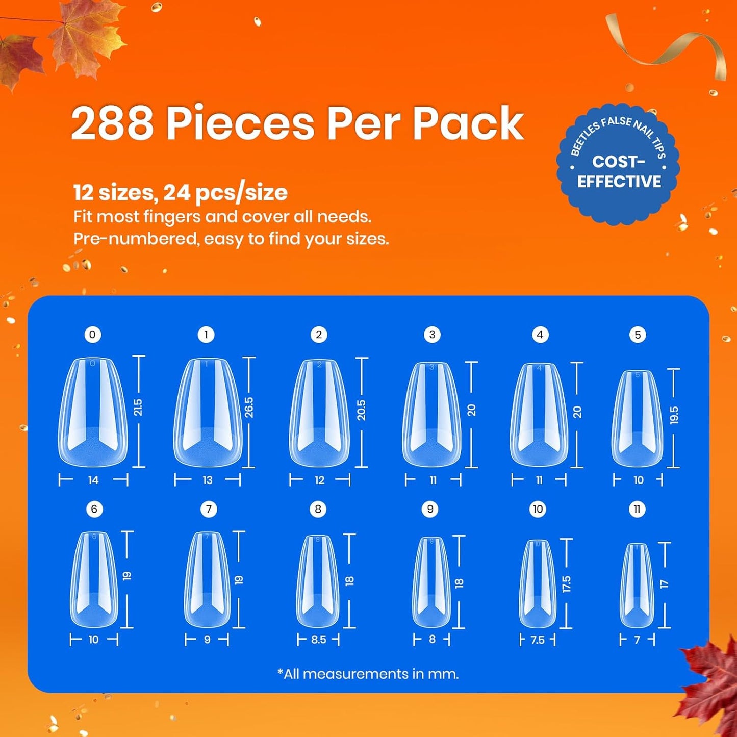 Beetles Gel Nail Tips Short Coffin Pre-Etched Nail Tips, 12 Sizes 288 Pcs Full Cover Soft Tips Half Matte False Nails Clear Acrylic Glue on Nails Extension DIY Manicure Gifts for Women-BrightBean Baby