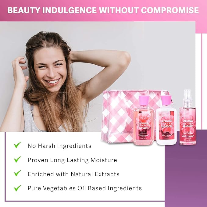 Bath & Body Kit Japanese Cherry Blossom, 3 Fl Oz, Ideal Skincare Gift, Home Spa Set, Includes Body Lotion, Shower Gel and Fragrance Mist, Perfect for Christmas Gifts and Festive Pampering-BrightBean Baby