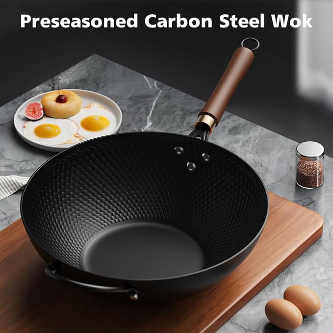 Nonstick Wok 13 Inch Carbon Steel Wok Pan with Glass Cover - Stir-Fry Pan