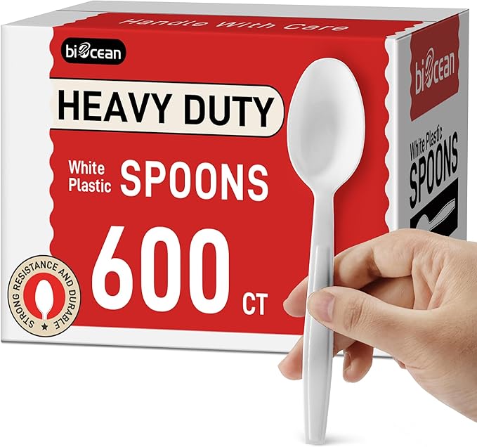 600Pack Disposable Plastic Spoons Bulk White Heavy Duty Plastic Teaspoons - Value Pack Cutlery Set For Parties, Restaurant (600SPOONS)
