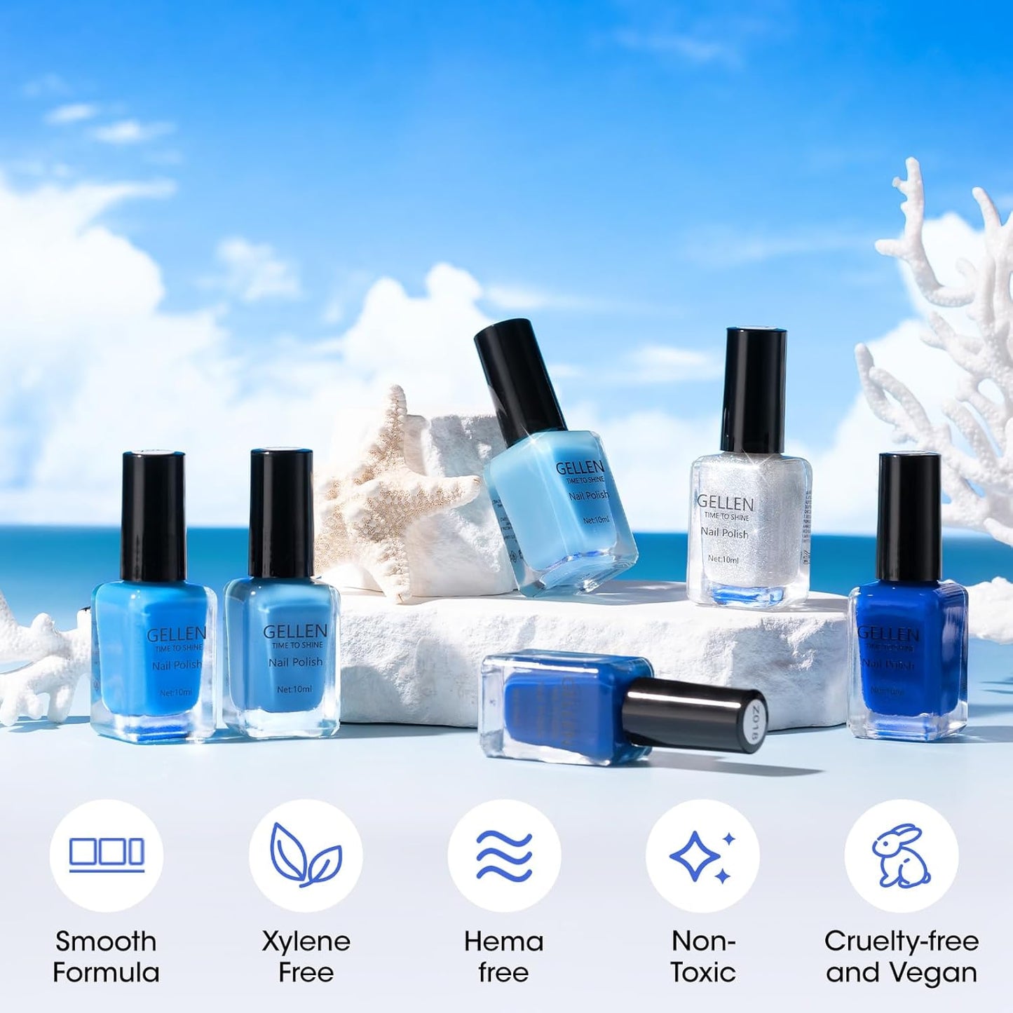 Gellen Blue Jelly Nail Polish, Sheer Nail Polish Quick Dry Summer 6 Colors Blue Glitter Set, Natural Traditional Regular Nails Polish for Acrylic Natural Nails Home Salon, No Gel, Hema Free, Non-toxic-BrightBean Baby