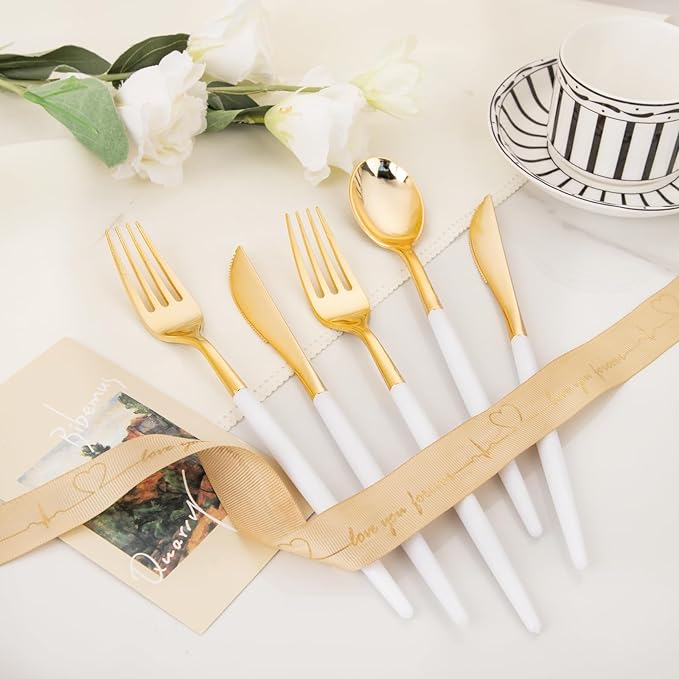 I00000 60 Pcs Gold Plastic Silverware - Heavy Duty Plastic Cutlery -Party Disposable Silverware Set，Disposable Cutlery Set Includes 20 Forks, 20 Knives, 20 Spoons Perfect for Wedding