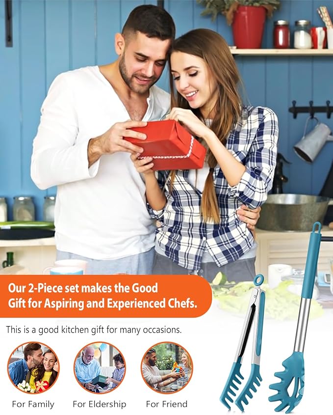 Silicone Spaghetti Spoon & Pasta Tong, Non-Stick Stainless Steel Handle Pasta Fork Set with Teeth, Food Clip for Easy Serving of Noodles (Blue)