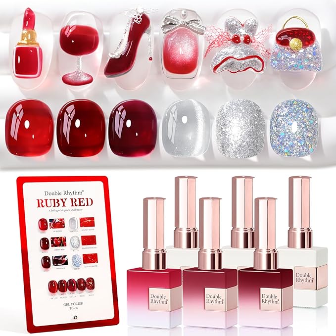 Double Rhythm 6 Pcs 15 ML Gel Polish Set Same Color Same Bottle Soak Off Gel Polish Kit Nail Art Manicure Salon DIY at Home for Women (Jelly Burgundy Red Glitter Silver -T6-56)-BrightBean Baby