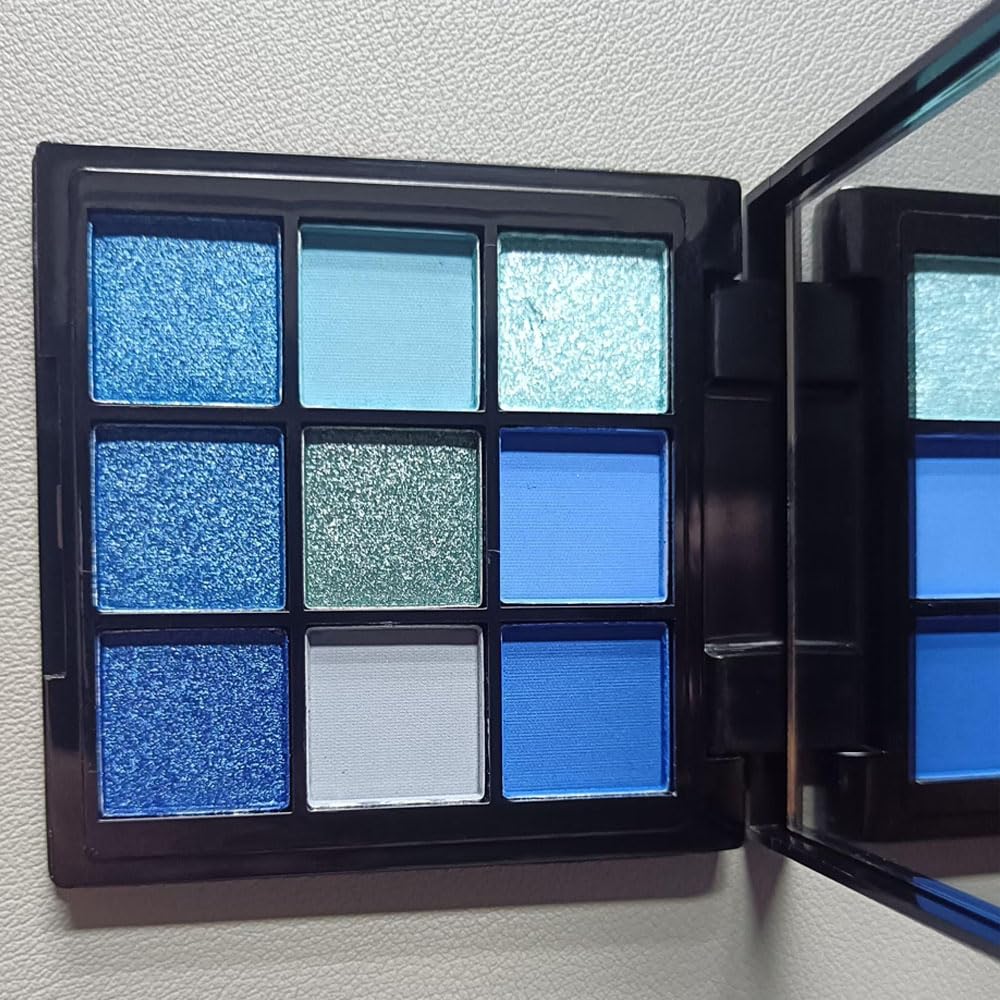 9 Colors Blue Smoky Matte Shimmer Eyeshadow Palette with Mirror for Eye Makeup,High Pigmented Eye Shadow Primers Powder Palet de sombras de ojos-BrightBean Baby