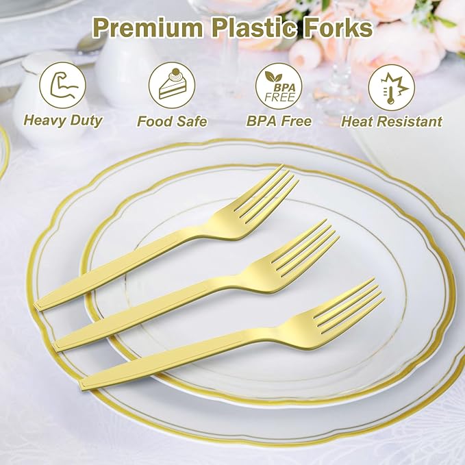 360 Count Extra Heavy Duty Gold Plastic Forks Disposable, BPA-Free, Heat Resistant, Solid and Durable Disposable Forks Bulk, Premium Plastic Forks heavy duty for Party Supply