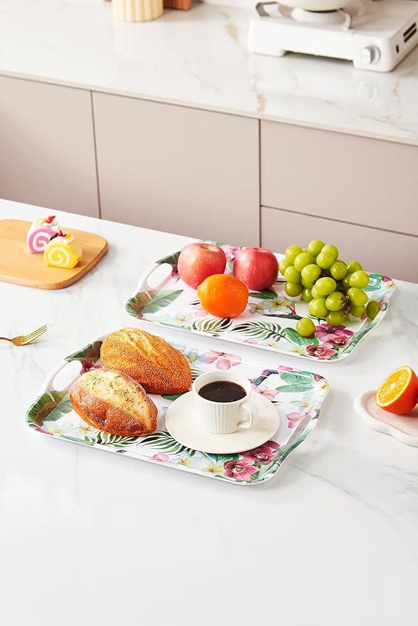 Blue Boat 16.5" x 11.5" Rectangular Melamine Serving Tray Set of 2 Blossom, Light Weight Easy to Clean Sturdy Stackable Serving Tray with Handle, Fruit, Snacks, and Desserts Trays, TV Trays