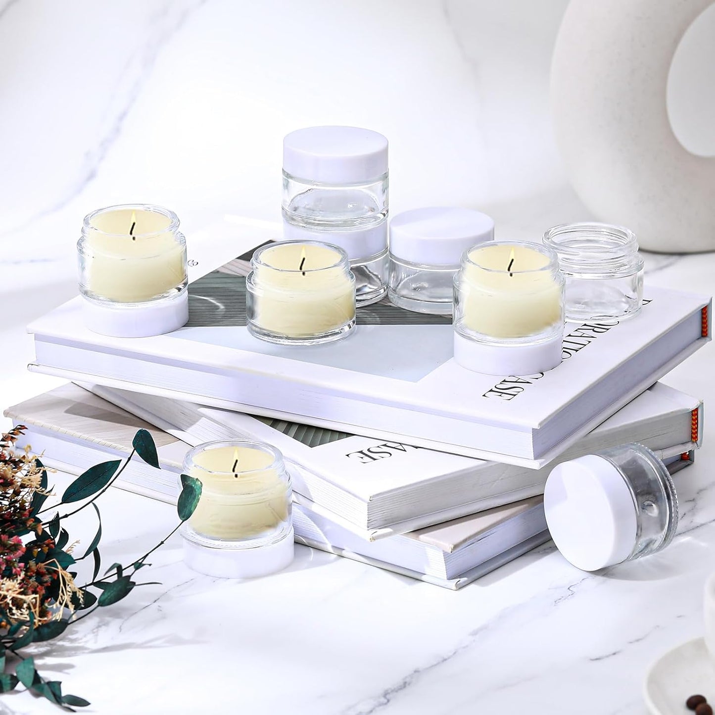 Domensi 100 Pcs 1 oz Glass Jars with Lids Bulk Round Glass Cosmetic Jars Lids 1 oz Small Travel Containers with Inner Liner for Lotions Powders Ointments Sample Cream(Clear, White)-BrightBean Baby