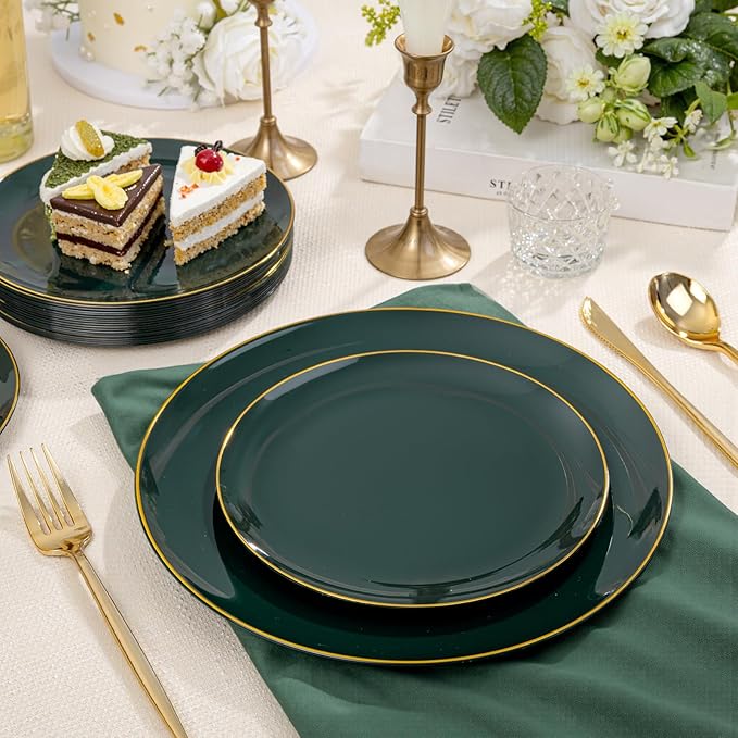 bUCLA 200PCS Green Plastic Plates - Green Disposable with Gold Rim Include 100 Dinner 10 inch & 100 Dessert 7 inch Plates, Ideal for Party & Christmas