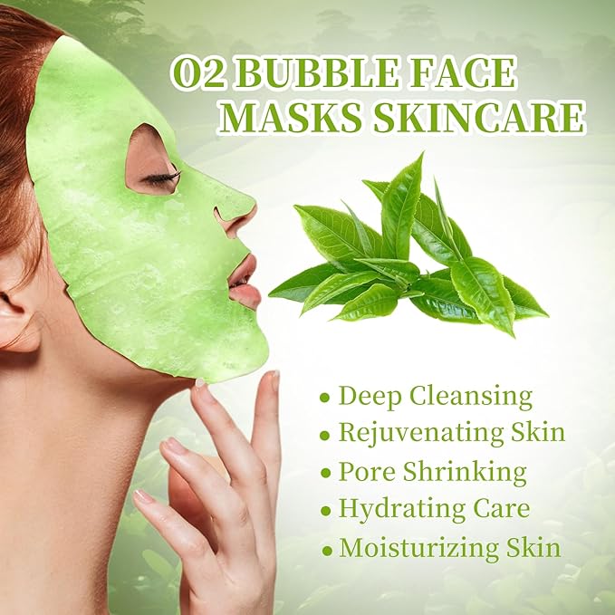 10 Sheets Face Masks Skincare O2 Bubble Green Tea Face Mask, Cleaner Bubble Sheet Masks Foaming Purifying Facial Mask for Pores, Moisturizing Spa Face Masks Skin Care For All Skin Type-BrightBean Baby