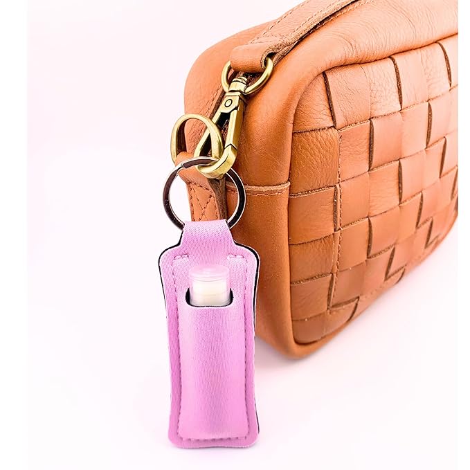 Vegan Lip Balm Set - Pack of 6 Soothing Touch Lip Balms. Includes Muslin Pouch & Lip Balm Holder Keychain (Pink): Pomegranate, Lemon Cardamom, Grapefruit, Vanilla Rose, Vanilla Chai, Lavender Coconut-BrightBean Baby