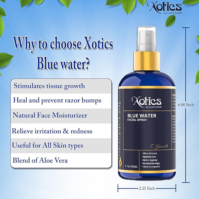 Xotics Blue Water Facial Spray - 8oz - Hydrating Face Mist with Aloe Vera - Refreshing Toner for Men & Women, Aftershave, Daily Moisturizing Splash for All Skin Types-BrightBean Baby