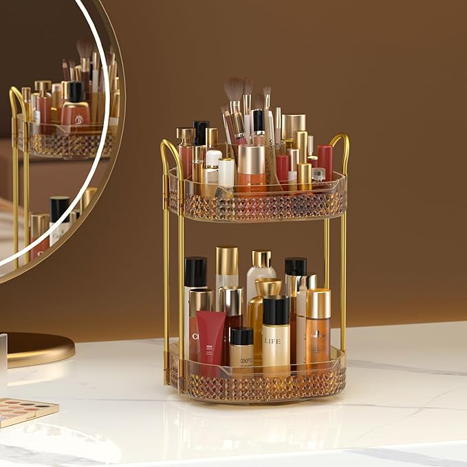 Awenia Rotating Makeup Organizer 360, Stackable Adjustable Large Capacity Cosmetic Storage Unit,Dresser Bathroom Kitchen Countertop Organizer with Metal Handle, Plus Size (Honorable Gold, 2 Tier)-BrightBean Baby