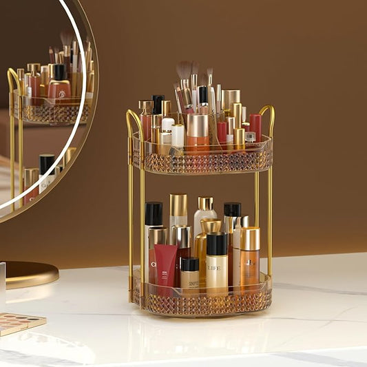 Awenia Rotating Makeup Organizer 360, Stackable Adjustable Large Capacity Cosmetic Storage Unit,Dresser Bathroom Kitchen Countertop Organizer with Metal Handle, Plus Size (Honorable Gold, 2 Tier)-BrightBean Baby