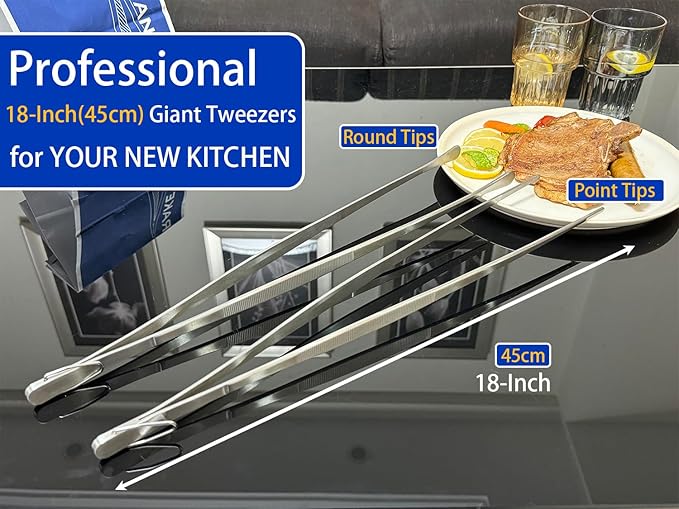 JETKONG 18 Inch (45cm) Extra Long Grill Tongs, Heavy Duty Stainless Steel Tweezer Tongs for Cooking, Grilling, Barbecue/BBQ, Buffet and Turning Food (Point Tips)
