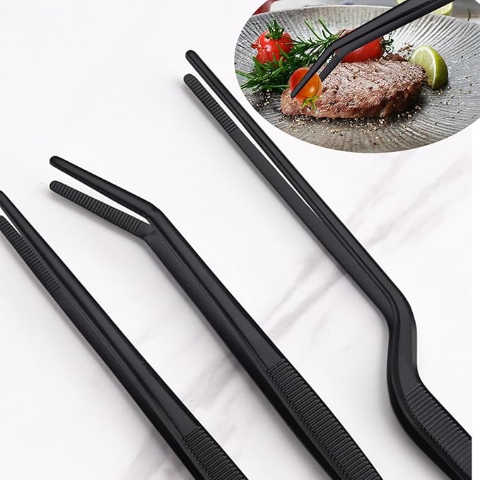 Professional Stainless Steel Food Tongs Stainless Steel Kitchen Tweezers Tongs Set 11.8 Inch Professional Chef Cooking Tools for BBQ Plating Baking (3, Black)