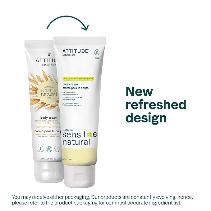 ATTITUDE Body Cream for Sensitive Skin with Oat, EWG Verified, Dermatologically Tested, Vegan, Argan Oil, 8 Fl Oz-BrightBean Baby
