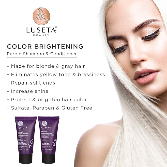 Luseta Color Brightening Purple Shampoo and Conditioner Travel Kit for Blonde and Gray Hair -Infused with Cocos Nucifera Oil to Help Nourish, Moisturize and Condition Hair, 2x1.01oz-BrightBean Baby