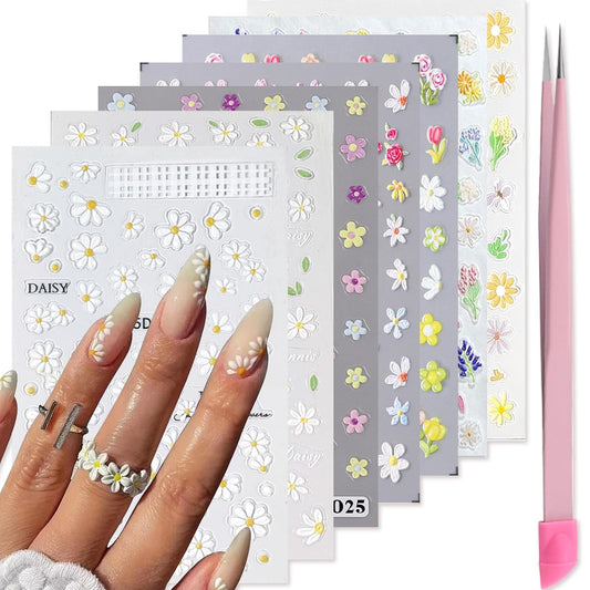 Flower Nail Art Stickers 7 Sheets 5D Nail Decals Spring Summer Nails Art Design 3D Self-Adhesive Supplies White Yellowe Daisy Flower Nails Decoration for Women DIY Design-BrightBean Baby