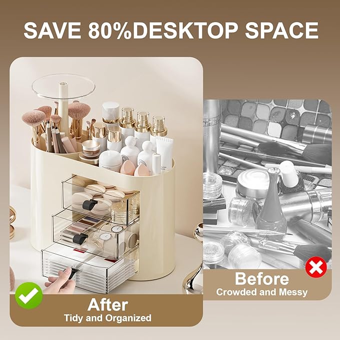 DASITON Makeup Organizer with 3 Drawers,Automatic Lifting Makeup Brush Holder with Lid,Large Capacity Makeup Organizers for Vanity,Bathroom Countertop,Ideal Storage Skin Care,Brushes,Lipstick (Cream)-BrightBean Baby