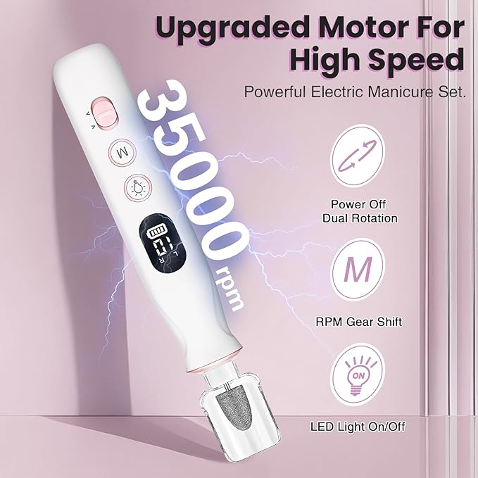 Electric Nail Drill, Cordless 2000 mAh Rechargeable Portable Nail File 12 in 1 Kit for Thick Toenails, 10 Speeds Nail Dril Machine Professional Manicure Pedicure for Hand Natural Nails Care (White)-BrightBean Baby