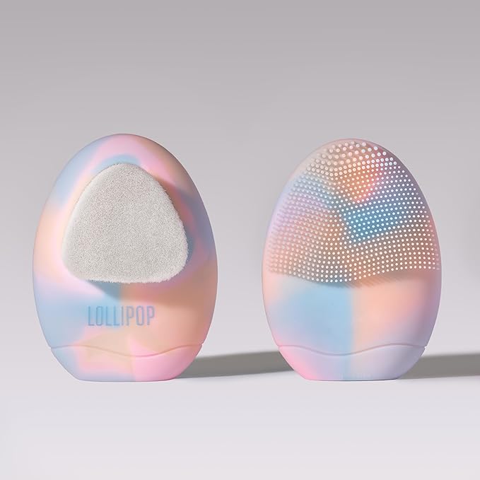 LOLLIPOP Dual-Sided Facial Cleansing Brush | Palm Size Silicone Face Exfoliator and Soft Fiber Cleanser | Manual Face Scrubber for Pores, Makeup Removal, Blackhead and Skincare Routine, Rainbow-BrightBean Baby