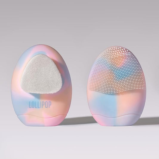 LOLLIPOP Dual-Sided Facial Cleansing Brush | Palm Size Silicone Face Exfoliator and Soft Fiber Cleanser | Manual Face Scrubber for Pores, Makeup Removal, Blackhead and Skincare Routine, Rainbow-BrightBean Baby