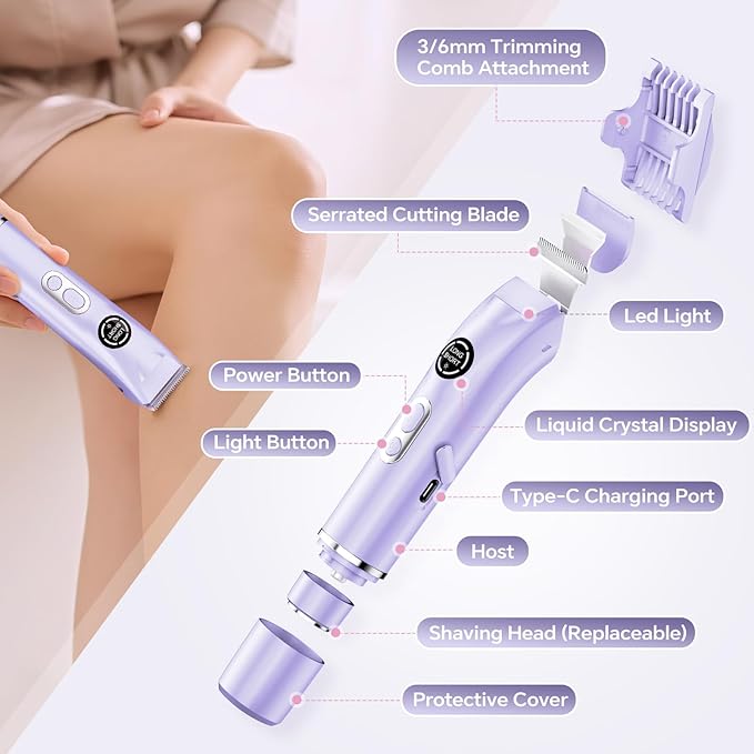 Bikini Trimmer for Women|Hair Removal Shaver - Painless Electric Razor, Cordless Body Shaver for Travel, Replaceable Lady Facial Razor|Trim Nasal/Eyebrows, IPX7 Waterproof&Easy Cleaning, Ceramic Blade-BrightBean Baby