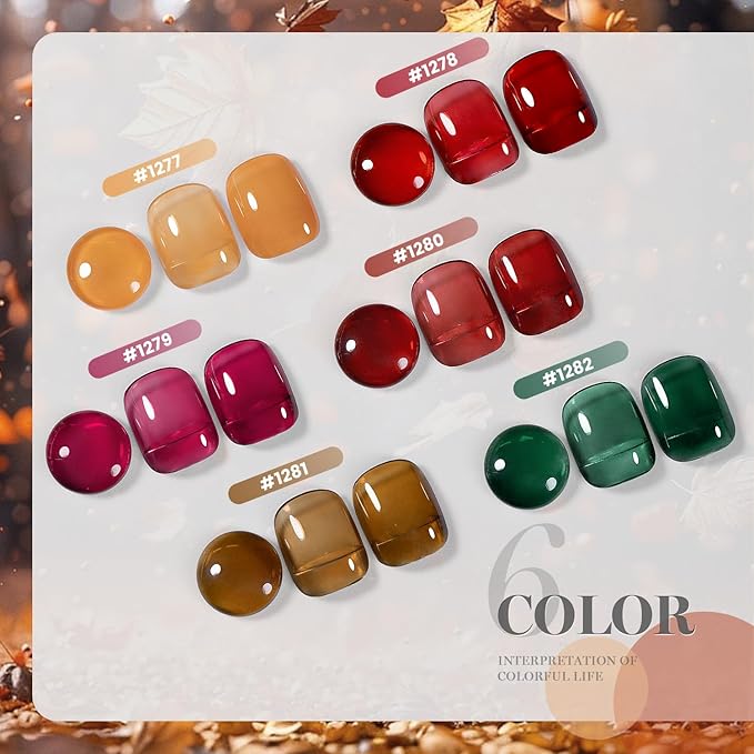 RARJSM Jelly Stained Glass Gel Nail Polish Set 6pcs Clear Amber Yellow Cherry Red Orange Olive Green Crystal Transparent Series Sheer Gel Varnish Curing Requires Soak off Home Salon French Manicure-BrightBean Baby